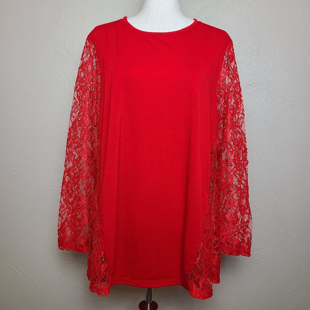 Womens Long Sleeves Top Blouse Red Lace Size XL A512